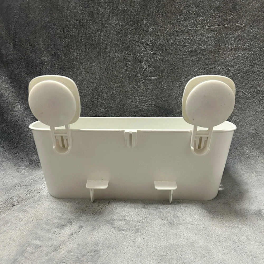 White plastic shower holder caddy basket with suction cup